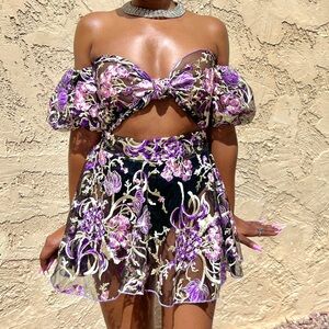 Elegant Purple Floral Off-Shoulder Dress set
